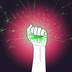 A raised fist holding a green spark on a pink and purple background