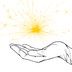 A black and white line-drawing of a gloved hand holds a bright yellow spark