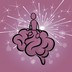 A cartoonish human figure sitting on the outline of a brain on a warm purple background with a bright white spark. Vicky Bowskill (CC BY-NC-ND 4.0)