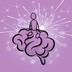 Line drawing of a human figure sitting on a stylised brain, in front of white sparks on a purple magenta background. Vicky Bowskill (CC BY-NC-ND 4.0)