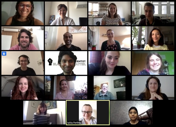 head-and-shoulder webcam views of 29 people arranged in a tiled display