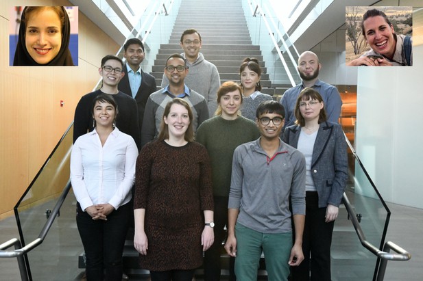 ECAG members standing on a set of stairs with two faces superimposed on top