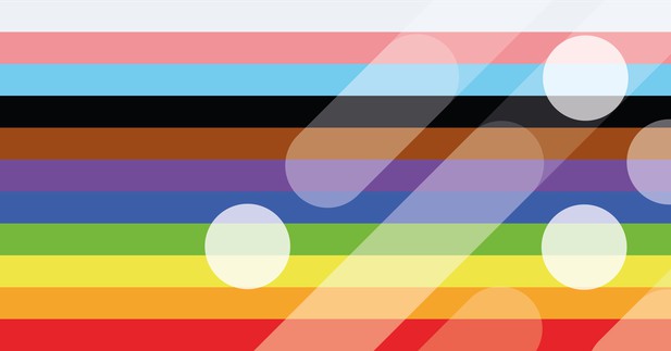 Horizontal stripes of each colour of the progress pride flag with overlaid with eLife's signature dots and dashes