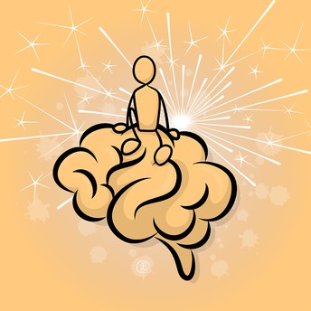 Line drawing of a human figure sitting on a stylised brain, in front of white sparks on a golden yellow background.