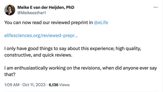 A tweet saying “I only have good things to say about this experience; high quality, constructive, and quick reviews. I am enthusiastically working on the revisions, when did anyone ever say that?”