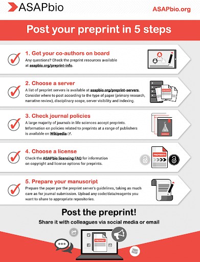ASAPbio Preprint infographics: post your preprint in 5 steps, publishing process, take action in support of preprints.