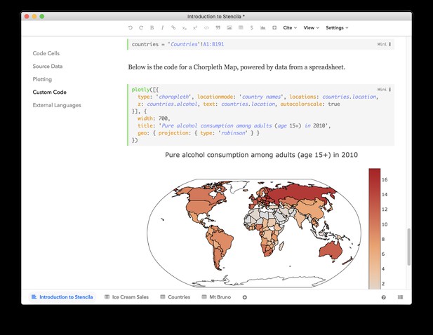 Document editor showing code block followed by computed chlorpleth map image