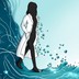 Silhouette of a scientist walking to the right; with neurons behind her, flowing into water in front
