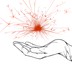 A line-drawn gloved hand holding a scarlet spark against a white background