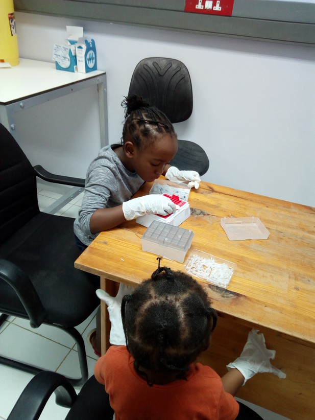 Chileshe's daughters playing with pipette tips in a lab