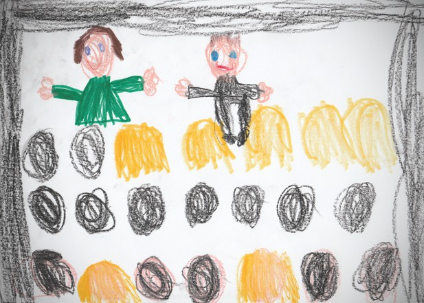 A child's drawing of her parents teaching