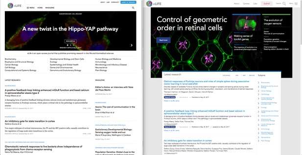 Side-by-side comparison of the eLife homepage