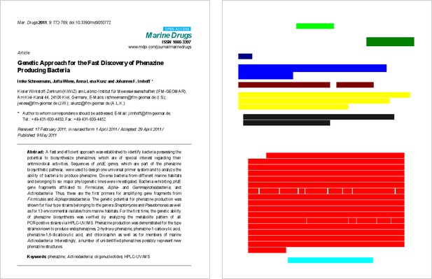 A PDF side by side by an image of the PDF elements as colour blocks