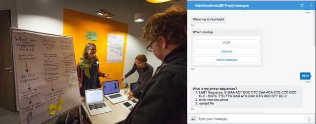 Left: a man reads a flipboard of notes and a woman in the background presents something on a laptop; right: screenshot of chatbot