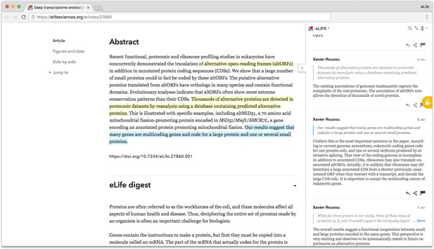 Screenshot of eLife article with annotation pane open