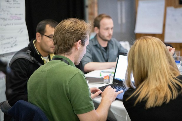 A team developing open prototypes at the eLife Innovation Sprint 2019. Photo credit: Jess Brittain Photography. 