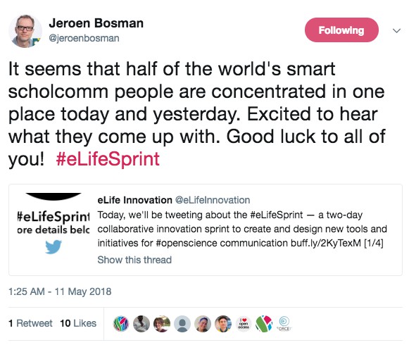 Tweet from Jeroen Bosman; "It seems that half of the world's smart scholcomm people are concentrated in one place today and yesterday..."