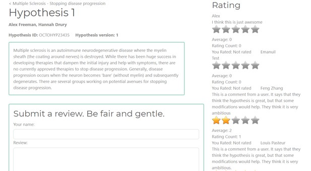 A webpage with text entry on left and star and text ratings on right