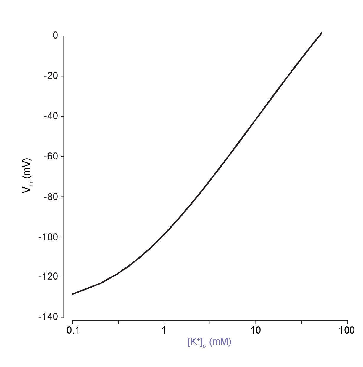 The membrane potential is closest to the equilibrium potential for potassium at label
